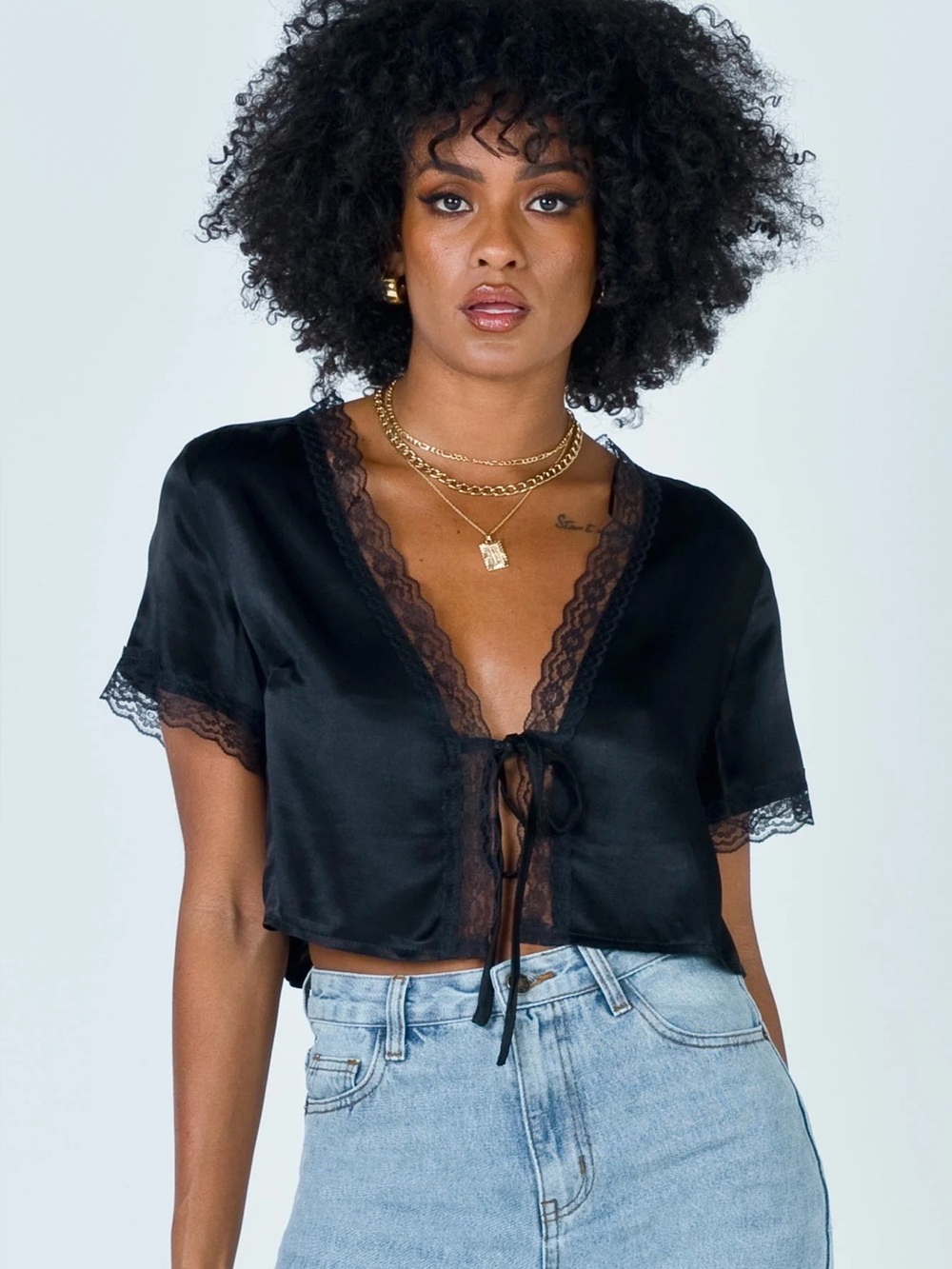 Princess Polly Vintage Tie Up Top Black Lace Trim Tie Front Short Sleeve 12